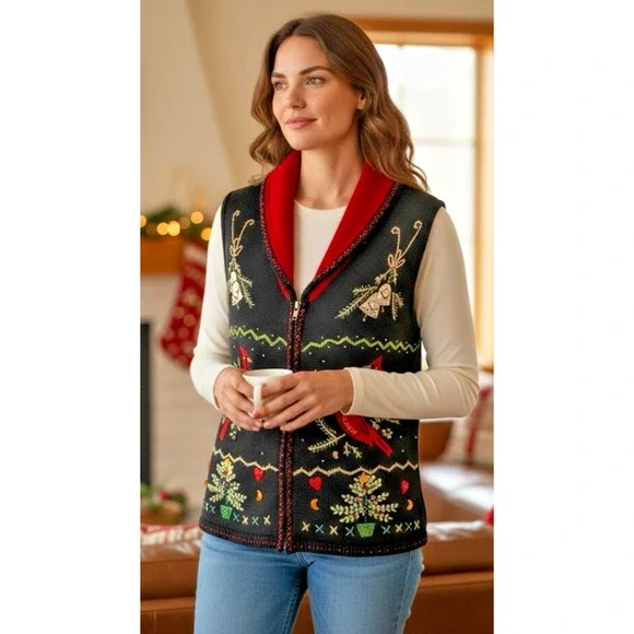 Christmas Holiday Sweater Vest Women’s Size Small Red Cardinals Embellished EUC - Picture 1 of 11